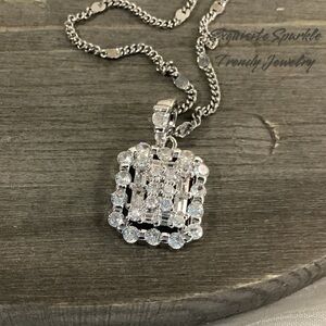 18k White Gold Filled Cz Diamond Cluster Square Pendant Necklace